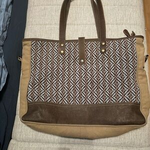 Myra Bag Brown and Tan Geometric Satchel